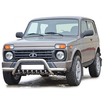 Защита переда «Акула» с усами и доп. защитой двигателя, нерж. (d63,5) Лада 4x4 Urban (арт. 1318)